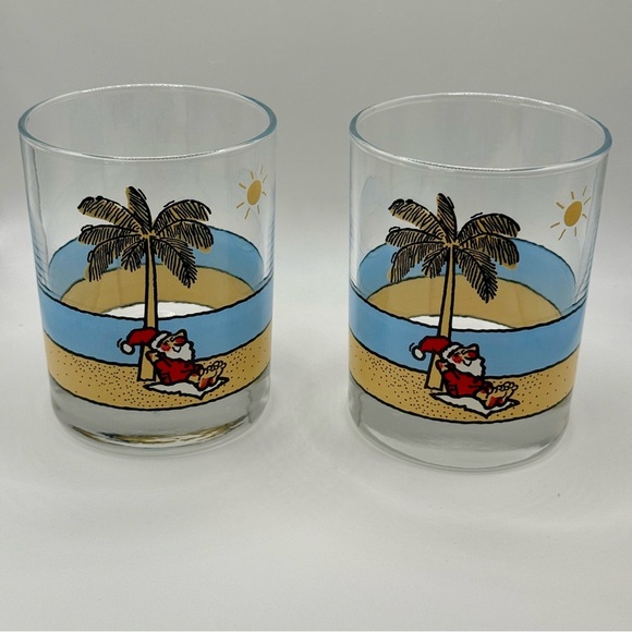 Santa On The Beach Whiskey Glasses Set Of Two Bar Drinkware Novelty Holiday - Picture 1 of 4